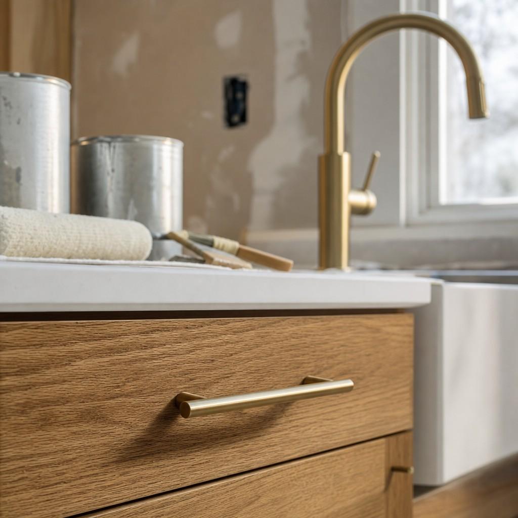 A brushed brass bar pull on an oak drawer front with a matching faucet blurred in the background