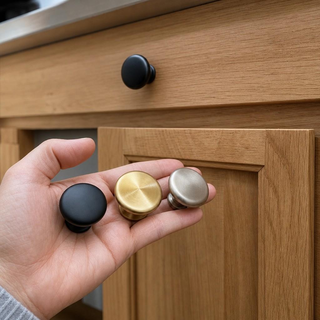 A hand holding assorted cabinet knobs in black, brass and nickel against an oak cabinet door