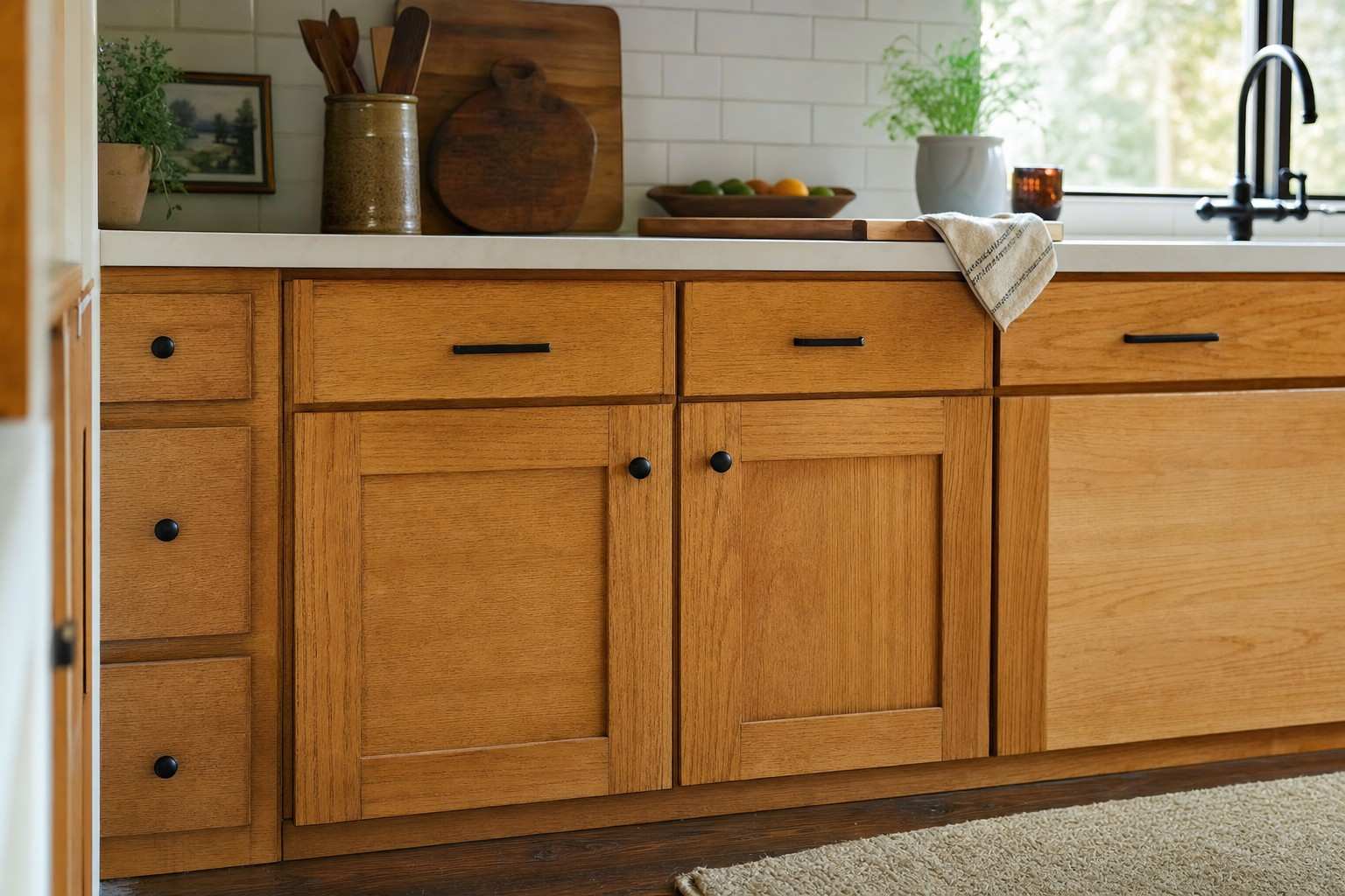 Warm oak kitchen cabinets fitted with matte black knobs and pulls in soft daylight